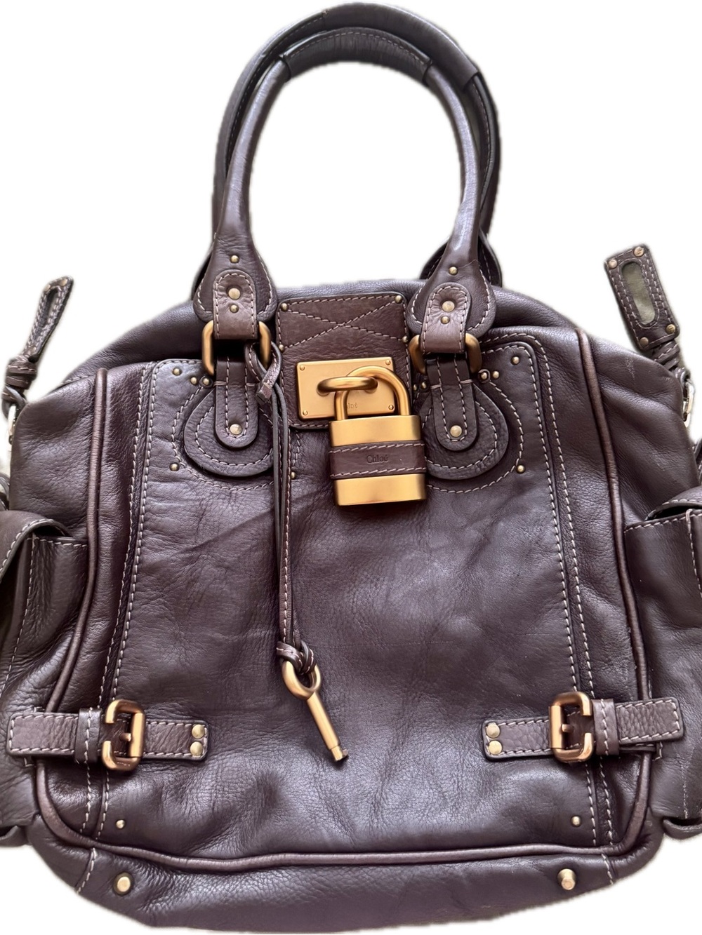 Chloe Brown Leather Shoulder Bag with Gold Padlock